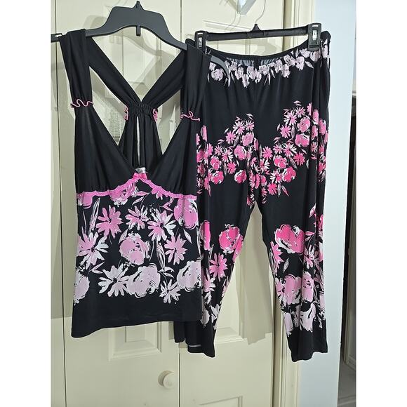LINEA DONATELLA SLEEPWEAR Top And Bottom Sz LG Black W Pink Floral Print Halter - Picture 1 of 8